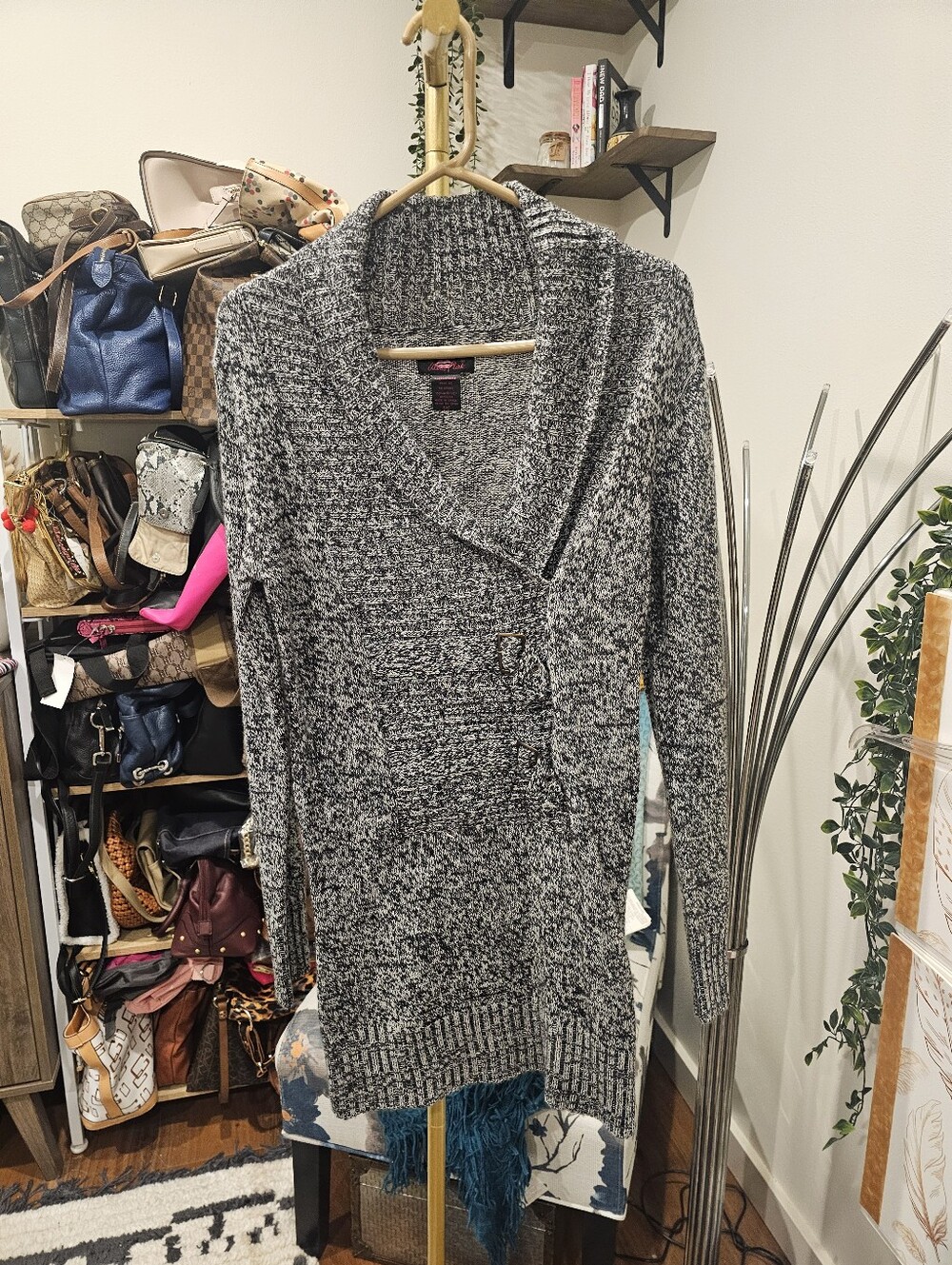 Vintage Women’s Gray Shawl Collar Knit Sweater Dress